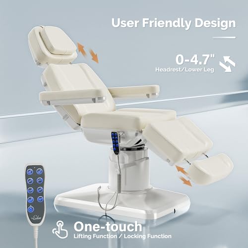 OmySalon Electrical Facial Beauty Spa Medical Treatment Bed, 120° Rotation Massage Tattoo Dental Aesthetic Chair with 3 Motors & Remote Control, Off White