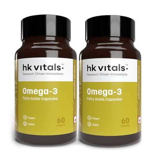 Image of hk vitals Omega 3 Fish Oil Supplement (60 Capsules Each, Pack of 2) | 1000mg Omega 3 with 180mg EPA and 120mg DHA | For Brain, Heart, and Joints Health