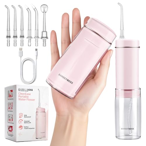 BarberBoss Travel Oral Irrigator USB-C Rechargeable Water Flosser Cordless Portable Irrigator with 3 Cleaning Modes 6 Tips IPX8 Telescopic Water Tank Flosser QR-7113 (Pink)