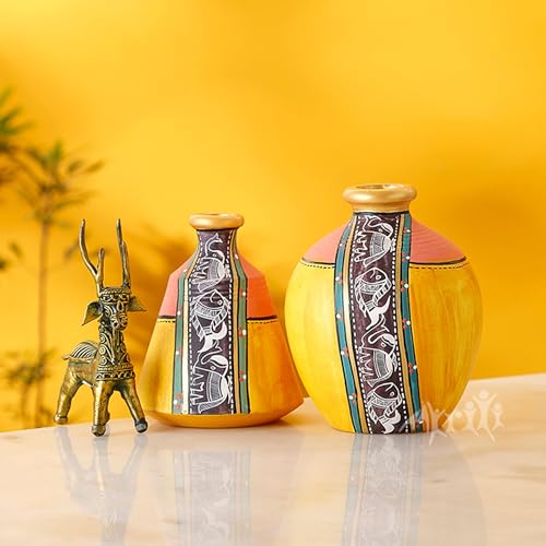 Image of Aakriti Art Creations Yellow Terracotta Vase Set of 2 with Madhubani Art | Handmade Matte Finish Decorative Flower Vases | Table Decor Items, Living Room Showpieces & Housewarming Gift