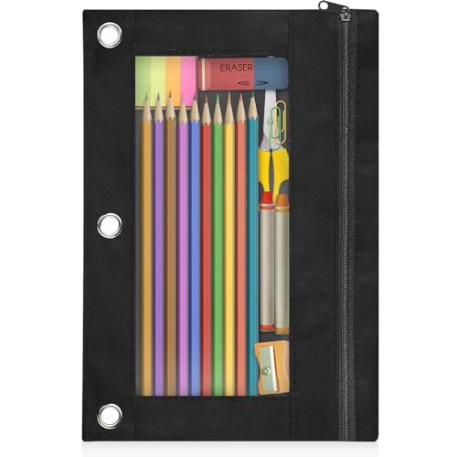 Image of Shemira Pencil Pouch for 3 Ring Binder, Binder Pencil Pouch with Smooth Zipper, Clear Window Pencil Case for Binder, Zipper Pencil Pouches, Big Capacity 3 Ring Binder Pencil Bag, Black