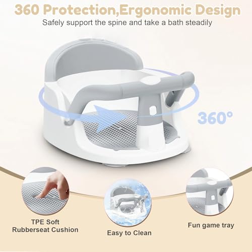 Baby Bath Seat for Babies 6 Months & up, Bath Seats for Babies Sitting Up, Non-Slip Baby Bath Chair with Suction Cup，Safe and Comfortable Portable Baby seat for Bathroom, Easy to Clean (Grey) - Thumbnail 3