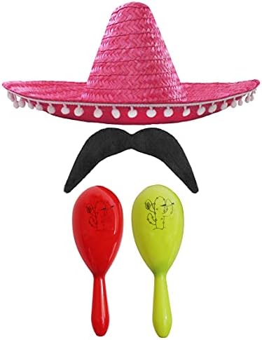 MEXICAN FANCY DRESS ACCESSORY SET - MEXICAN SOMBRERO WITH MARACAS AND TASH BLACK POM POM SOMBRERO + 2X GREEN MARACAS