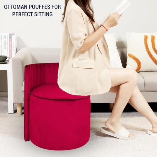Image of Ottoman Stool for Living Room | Poof Puffy Foot Rest Stool | Upholstered Sitting Pouffe with Backrest | Pouf Mudda for Dressing Table, Home Decor & Office (Red)