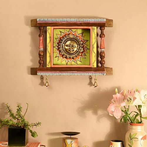 Image of Divya-II Wall decor frame with beautiful Brass Sculpture of Surya Dev | Handcrafted Wall Art for Home Decor & Office Spaces