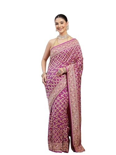 Image of KISHORI Womens Purple Banarasi Jacquard Saree with Bandhani & Zari Weaving with Unstitched Blouse