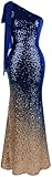 Angel-fashions Women's Asymmetric Ribbon Gradient Sequin Mermaid Long Prom Dress (S, Blue Gold)