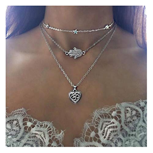 Chargances Women Heart and Palm Pendant Necklace Silver Choker Necklace Bohemia Three Layered Necklace Delicate Long Choker Chain Jewelry for Prom Party Festival Dating Gift for Women and Girls