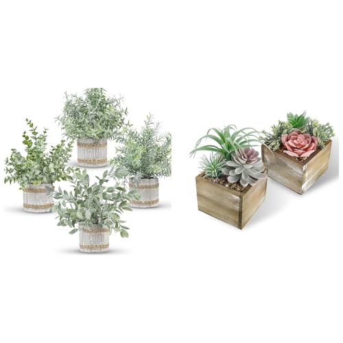Der Rose Bundle of 4 Pack Small Fake Plants and 2 Pack Fake Plants for Farmhouse Bathroom Decor