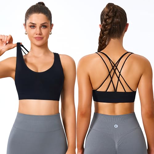 Image of Women's Cross Back Sport Bras, Seamless Padded Strappy High Support Yoga | Removable Pads, 4-Way Stretch, A-DD Cup, Full Coverage, Scoop Neck, Cropped Bra, Sweat-Wicking, Pull-on, for Yoga Gym Workout