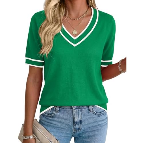 Rapbin Womens Summer Sweaters Short Sleeve Tops V Neck Knit Shirts