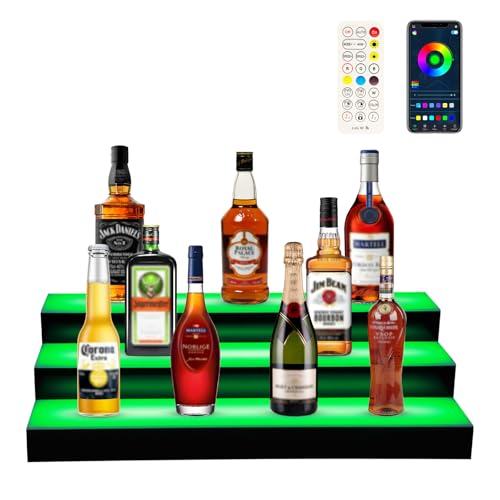 GCCSJ 3-Tier 30 Inch LED Lighted Liquor Bottle Display, RF Remote & APP Control LED Liquor Shelves with 16 Static Colors,Home Bar Liquor Bottle Accessories Acrylic Shelf