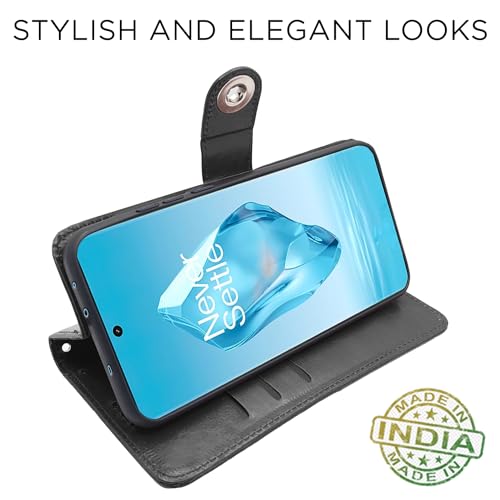 Image of Pikkme OnePlus 12R 5G Flip Cover Leather Finish | Inside TPU with Card Pockets | Wallet Stand and Shock Proof | Complete Protection Button Flip Case (Black)