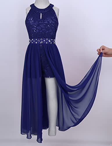 Shinsto Kids Girls Sleeveless Floral Lace Rhinestone Pleated Maxi Romper Dress Wedding Party Prom Gowns Blue 10 Years #TOP4