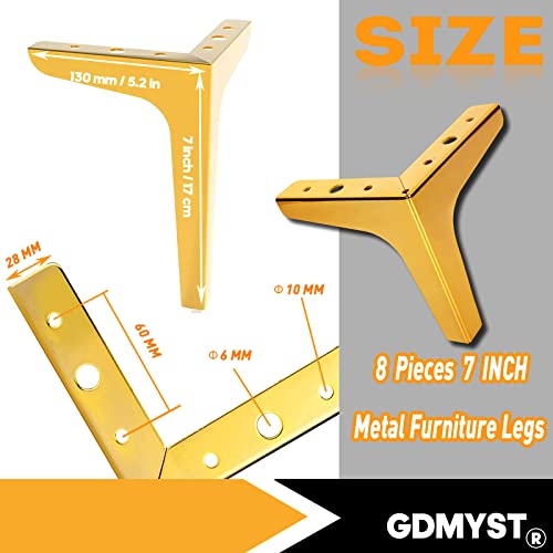 Metal Furniture Legs 7 Inch, 8 Pcs Triangle Furniture Feet Modern Style Furniture Triangle Sofa Leg, Metal Cabinet Legs Replacement Legs For Cabinet, Cupboard, Table, Sofa, Couch Chair, Ottoman (Gold) #TOP1