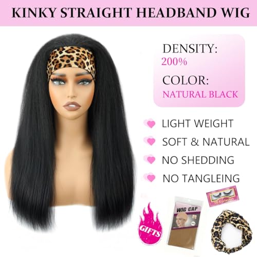 Image of Kinky Straight Headband Wig Human Hair 24 Inch Headband Wigs for Black Women Glueless None Lace Front Yaki Straight Human Hair Headband Wig Brazilian Virgin Hair Wigs Natural Black 200% Density