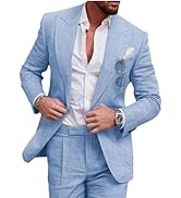 Mi Bo Tong Mens Linen Suits 2 PC Summer Beach Wedding Tuxedos Single Breasted Prom Suit Jacket Pa...