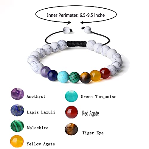 Xiannvxi White Turquoise Bracelet 7 Chakra Healing Crystal Stone Beaded Bracelet Natural Gemstone Beads Reiki Yoga Meditation Anxiety Quartz Adjustable Braided Bracelets #TOP5