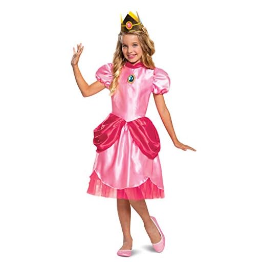 Princess Peach Costume Dress, Nintendo Super Mario Bros Classic Dress Up Outfit for Girls, Kids Size Small (4-6x),Pink