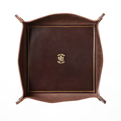 USA Handmade Premium Leather Valet Tray, Folds Flat! Dice Rolling Basket and Organizer with Brass Snaps (Burgundy Gold, Large)