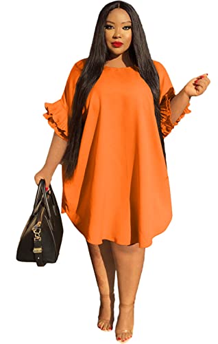 Image of Ekaliy Women's Casual Vintage Ruffle Sleeve Loose Party Midi Plus Size Dress Casual Summer