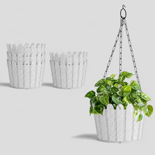 Image of YUCCABE ITALIA SHERA Hanging Fence 8 Inch Planter Pot Plastic Flower Hanging Pots for Home Decoration Suitable for Indoor and Outdoor Marble White Pack of 6