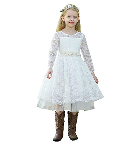 Bow Dream Flower Girl's Dress Vintage Cute Round Neck Lace Ivory Long Sleeve 6 #TOP26