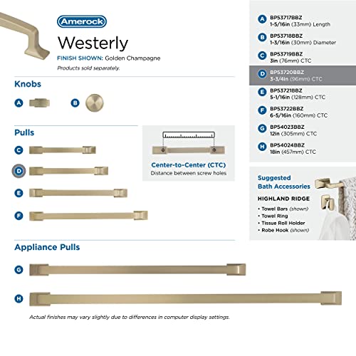 Image of Amerock 3-3 /4 inch Westerly Golden Champagne Drawer Pull | 3-3 /4 inch (96mm) Center-to-Center Mounting Distance and 5-1 /16 inches Overall Length, Durable Zinc Cabinet Hardware