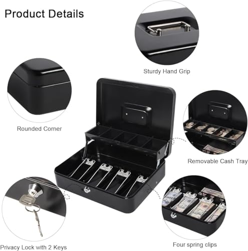Image of Wosta Cash Money Safe Box - Compact Solid Steel Lockable Security Storage Chest for Loose Money, Coins, Change & Valuables with 2 Keys (X-Large) 11.8 inchL x 9.5 inchW x 3.5 inchH, Black