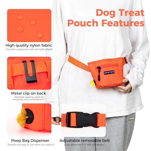 EPETKO Leckerlibeutel für Hunde mit Metall-Gürtelclip, Leistungsstarke Magnetverschluss Gerät Beutel Leckerli Hund Gürtel, Große Kapazität Hund Leckerli Tasche Beutel mit Poop Bag Dispenser (Orange)