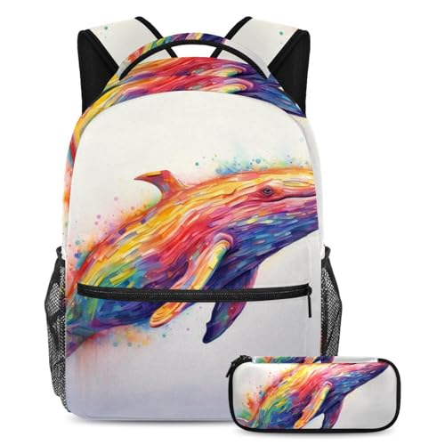 Cartables multicolores baleines grand sac à dos scolaire ado et trousse d'école