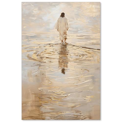 NLIEOPDA Jesus Christ Walking On Water Wall Art Religious Christian Canvas Poster Vintage Modern Jesus Oil Painting for Bed Living Room Church Wall Decor 16X24 inch Unframed by NLIEOPDA - Used condition - US$16.60
