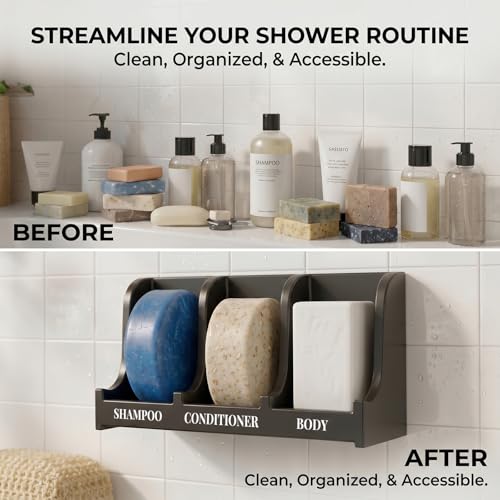 Image of Soap Holder for Shower Wall, 3-Compartment Soap Dish [Patent Pending] | For Shampoo, Conditioner and Body Soap, Fast Draining & Rust-Proof, Strong Adhesive for Long-Term Bathroom Use & Freestanding