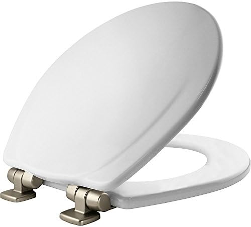 Mayfair 830NISL 000 Toilet Seat, 1 Pack-ROUND, White-Brushed Nickel Hinges
