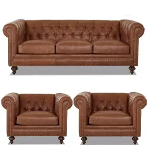 A to Z Furniture Classic 3+1+1=5 Seater Sofa Set Luxury Chesterfield Leatherette Sofa in for Home Living Room & Office (Brown 2)