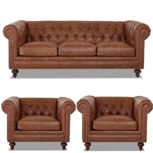 Image of A to Z Furniture Classic 3+1+1=5 Seater Sofa Set Luxury Chesterfield Leatherette Sofa in for Home Living Room & Office (Brown 2)