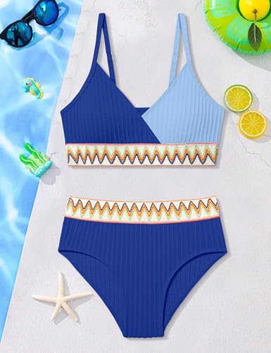 Image of DONWEN Girls Swimsuits V Neck Bikini Set Textured High Waist Girl Two Piece Bathing Suit