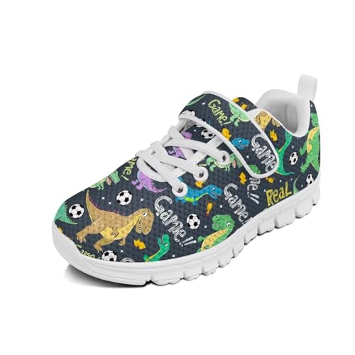 Little Kid Boys Girls Shoes Lightweight Mesh Breathable Adorable Running Sneakers for Little Kid and Big Kid White Sole Dinosaur Soccer Pattern