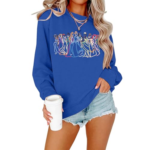 Image of BANGELY Fantastical Sweatshirt Women Cute Embroidered Fantastical Princess Sweater Family Vacation Shirt Long Sleeve Top