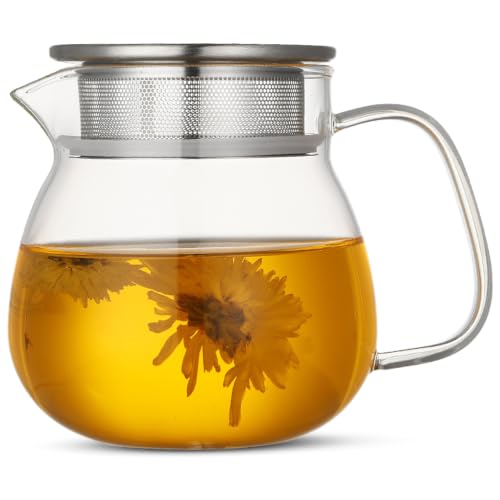 AddAcsaCi Premium Glass Tea Pot 500ml Round Shape | Borosilicate Glass Tea Pot with Stainless Steel Infuser | Tea Pot with Strainer for Loose Leaf Tea | Heat Resistant Tea Maker | Dishwasher Safe