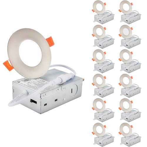 DLLT LED Recessed Ceiling Lights: 12 Pack 3 Inch 5CCT Ultra-Thin Lighting with Junction Box for Bedroom - 600LM Brightness 6W Eqv 50W Dimmable Canless Wafer Downlight with ETL&FCC-Nickel Brush