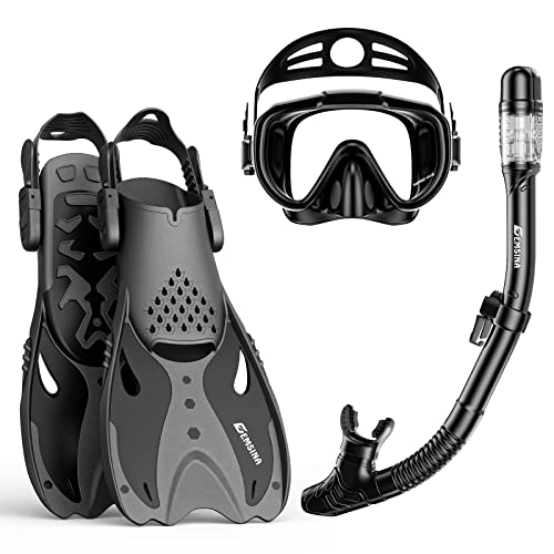EMSINA Mask Fin Snorkel Set with Adult Snorkeling Gear, Panoramic View Diving Mask, Trek Fin, Dry Top Snorkel +Travel Bags, Snorkel for Lap Swimming(BlackB3-XL)