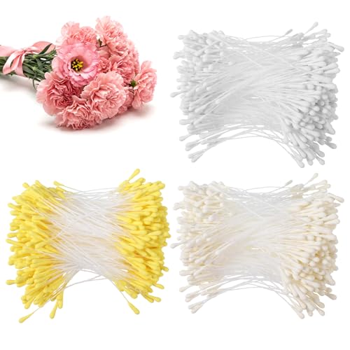 HJZHII 1200Pcs Double Heads Handmade Flower Stamens 3mm Double Heads Flower Stamens Artificial Floral Pistil for Flowers Making DIY Crafts Wedding Christmas Decoration(Yellow White Creamy)