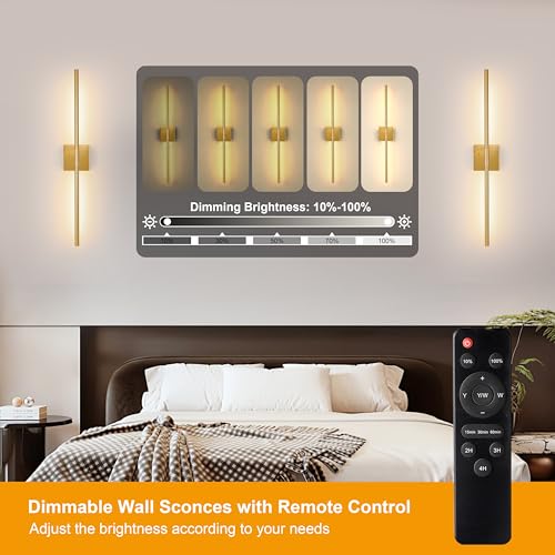 Image of 10000mAh Gold Battery Operated Wall Sconces Set of 2, 3 Color Dimmable Rechargeable Wall Light with Remote, 24 Inch Wireless Sconce Wall Lighting with Timer Function for Living Room, Bedroom, TV