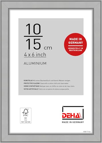 DEHA Design marco de fotos, 10 x 15 cm, Aluminio, Plata mate, Marco de fotospara colocaren formato vertical y apaisado, vidrio sintético irrompible, Boston