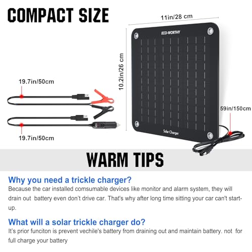 Image of ECO-WORTHY 10W Solar Car Battery Charger Maintainer 12V Waterproof Portable Solar Trickle Charger for Car Truck Boat Lawn Mower RV Trailer Tractor ATV Utility Vehicle Battery (Pack of 2)