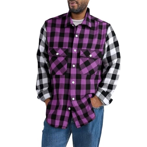 Camisa de franela de manga larga para hombre, diseño de patchwork, camisa con bolsillos en el pecho, cómoda parte superior para el trabajo, senderismo y ocio, camisa informal resistente con botones