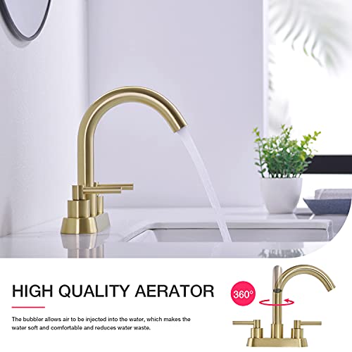 Brushed Gold Bathroom Faucet 2 Handle 4 Inches Centerset Vanity Sink Mixer Tap With Drain Assembly And Cupc Water Supply Lines Sus304 Stainless Steel #TOP3
