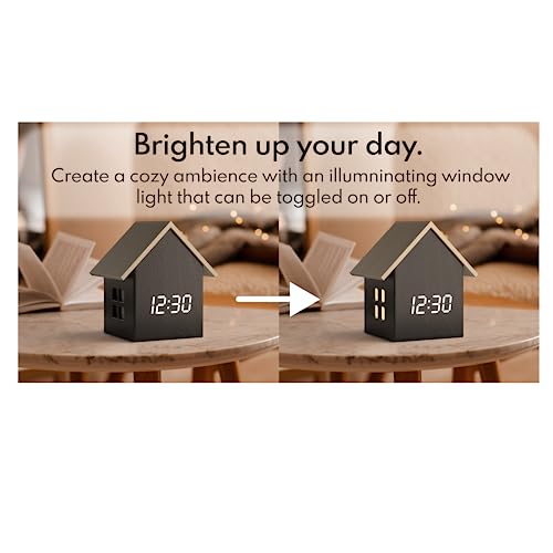 Driini House-Shaped Alarm Clock With Temperature Display (Dark Wood) – Modern Aesthetic With Cute Cube Frame And White Led Dimmer - Perfect Small Digital Clock For Living Room, Bedside Table Or Desk #TOP2