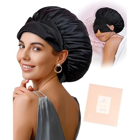 BONNET QUEEN Silk Bonnet for Sleeping Women Satin Bonnet with Eye Mask Non Slip Hair Wrap for Curly Hair Night Sleep Cap Black Cover